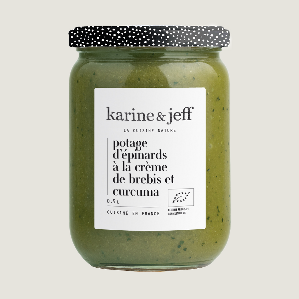 Le potage d'épinards à la crème de brebis et curcuma, recette bio Karine & Jeff