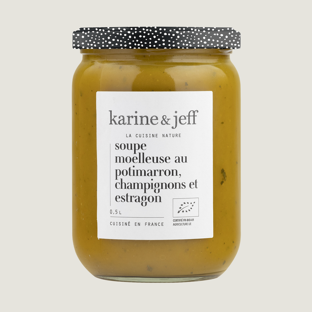 Soupe moelleuse au potimarron, champignons et estragon, recette bio Karine & Jeff