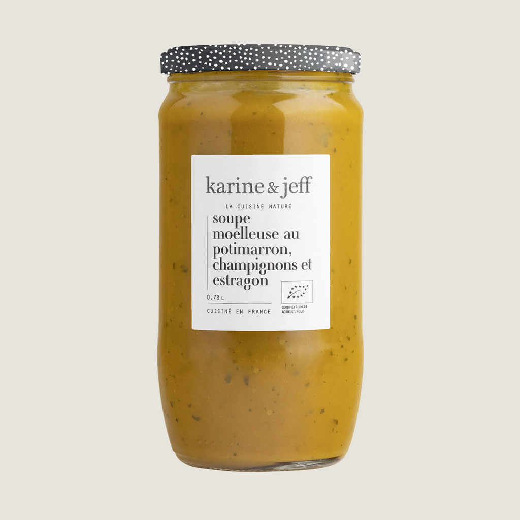 Soupe moelleuse au potimarron, champignons et estragon, recette bio Karine & Jeff