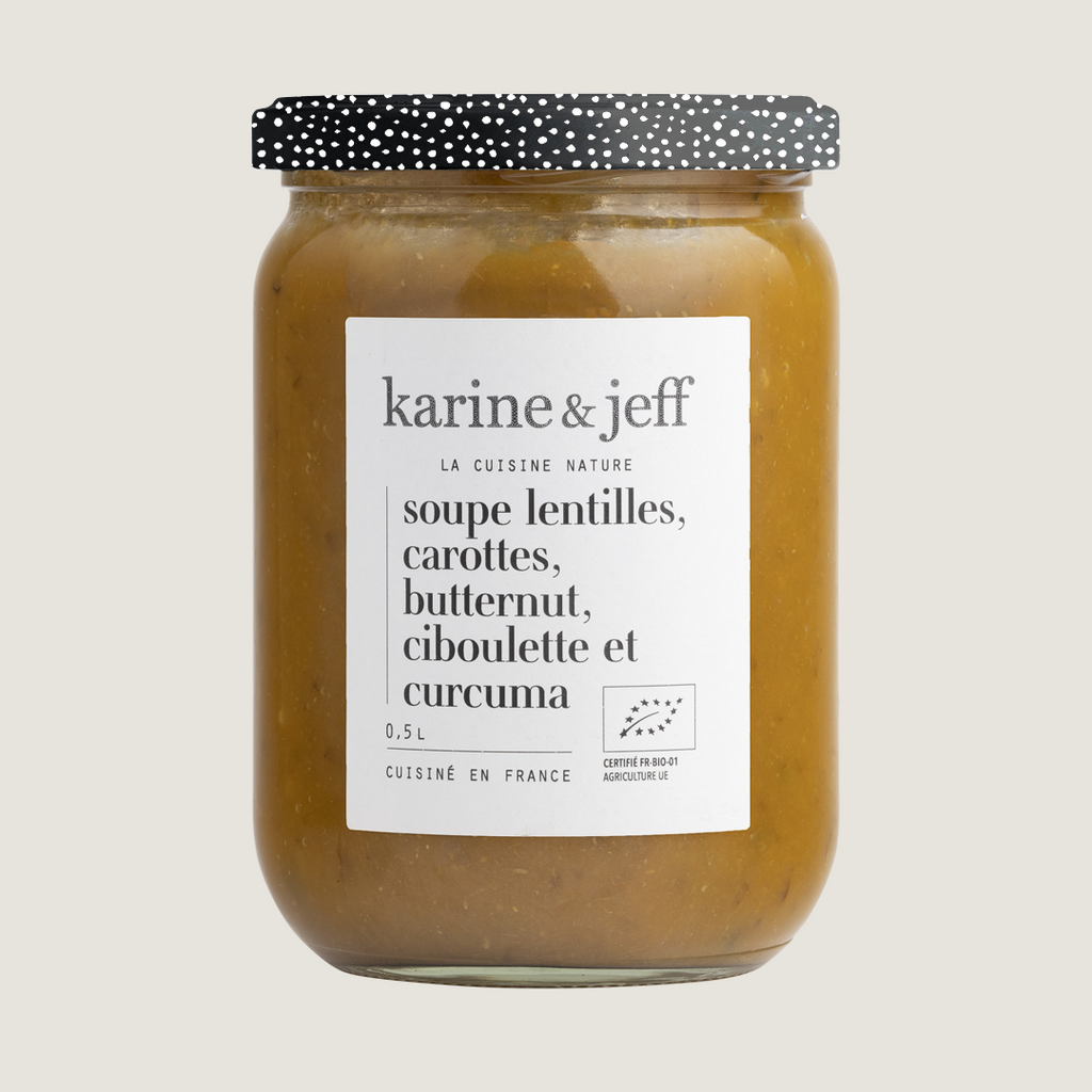 Soupe lentilles, carottes, butternut, ciboulette et curcuma