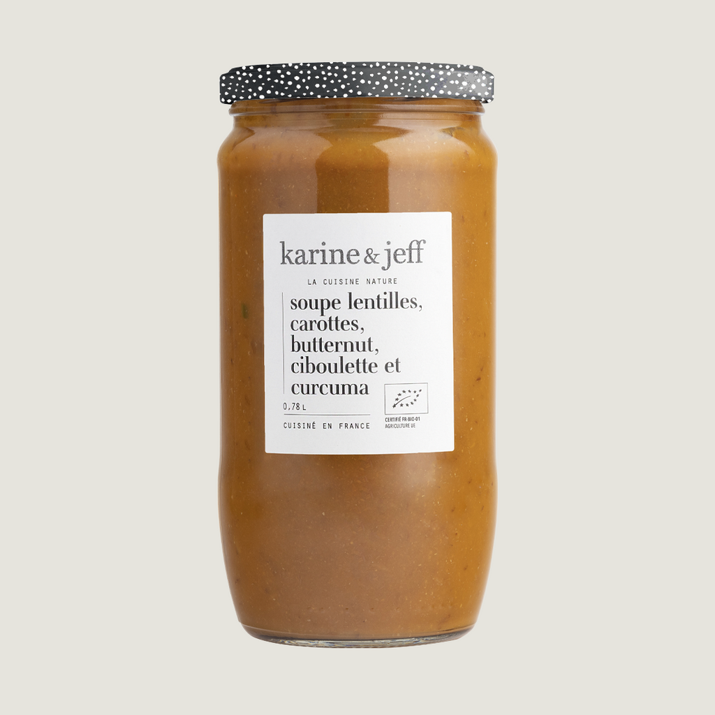 Soupe lentilles, carottes, butternut, ciboulette et curcuma