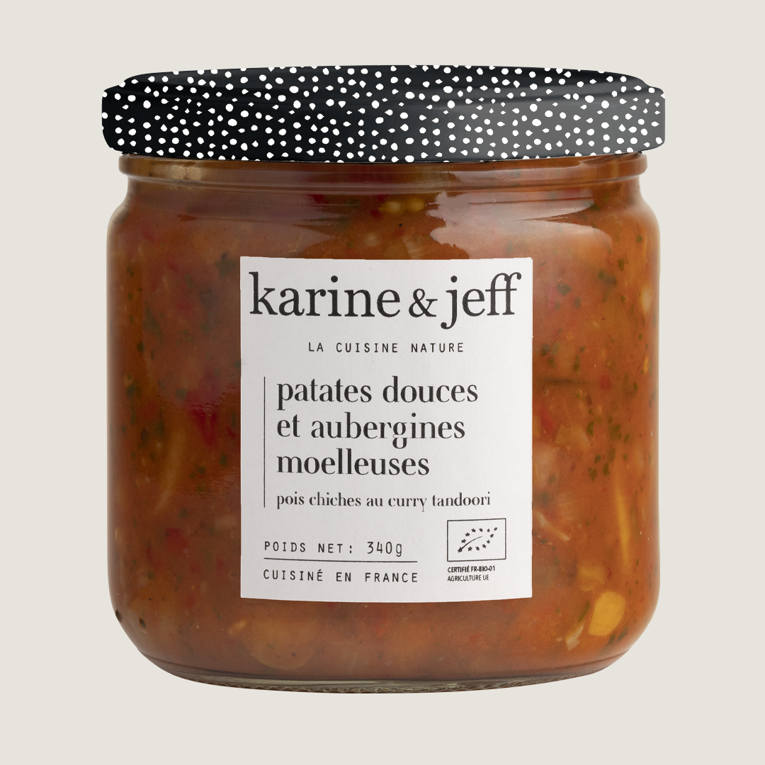 Patates douces et aubergines moelleuses - pois chiches au curry tandoori, recette bio Karine & Jeff