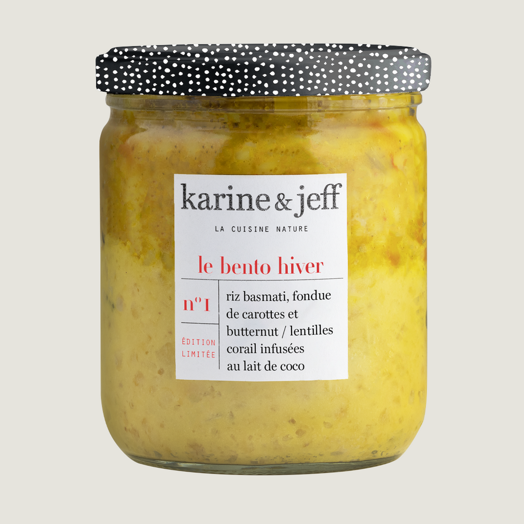 Riz basmati, fondue de carottes et butternut / lentilles corail infusées au lait de coco