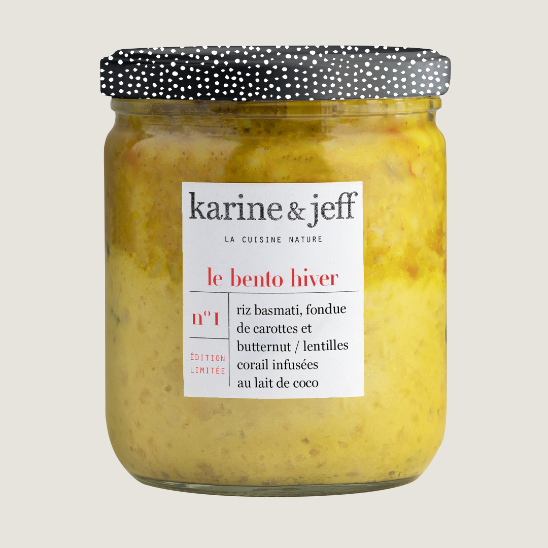 Riz basmati, fondue de carottes et butternut / lentilles corail infusées au lait de coco