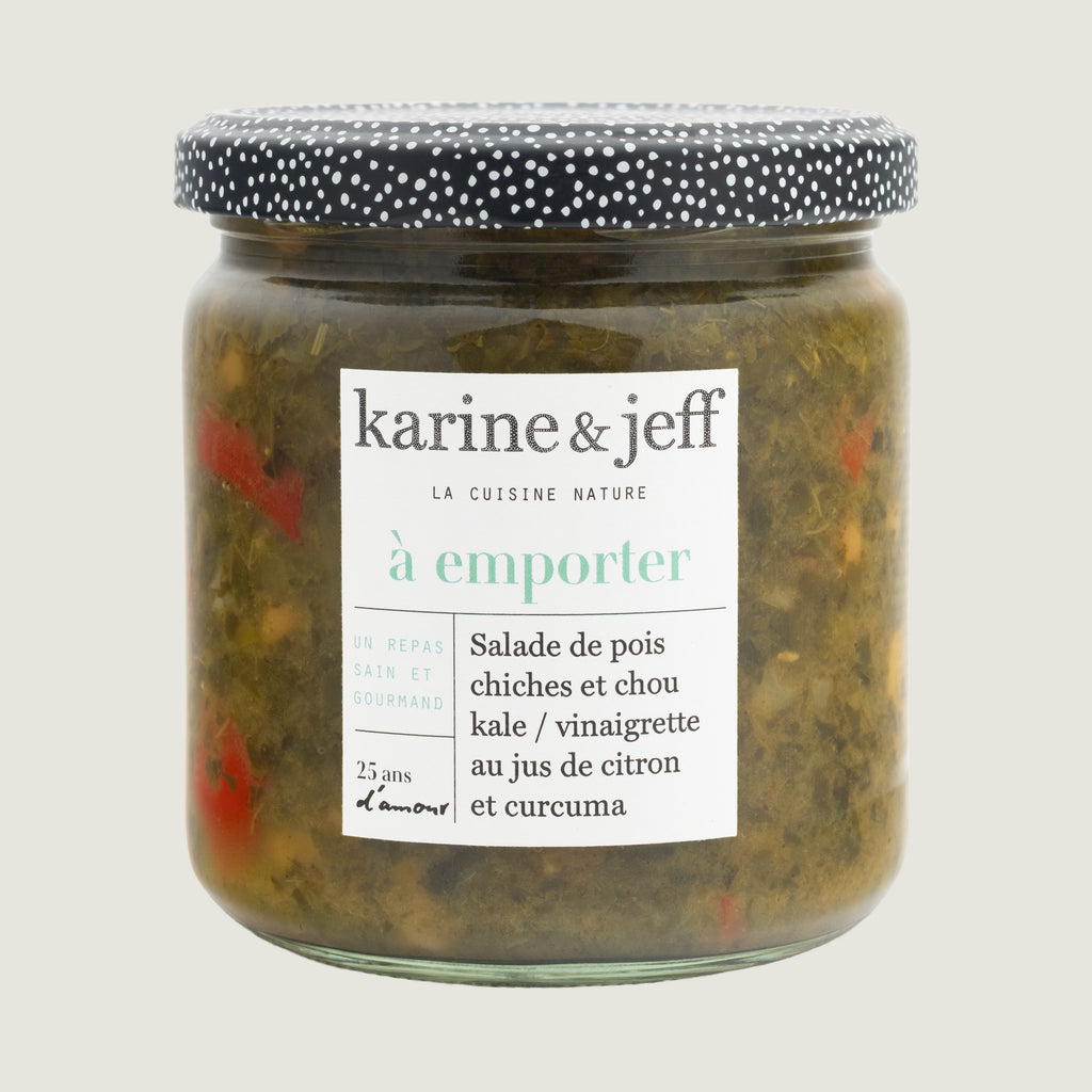 Salade de pois chiches et chou kale / vinaigrette au jus de citron et curcuma, recette bio Karine & Jeff