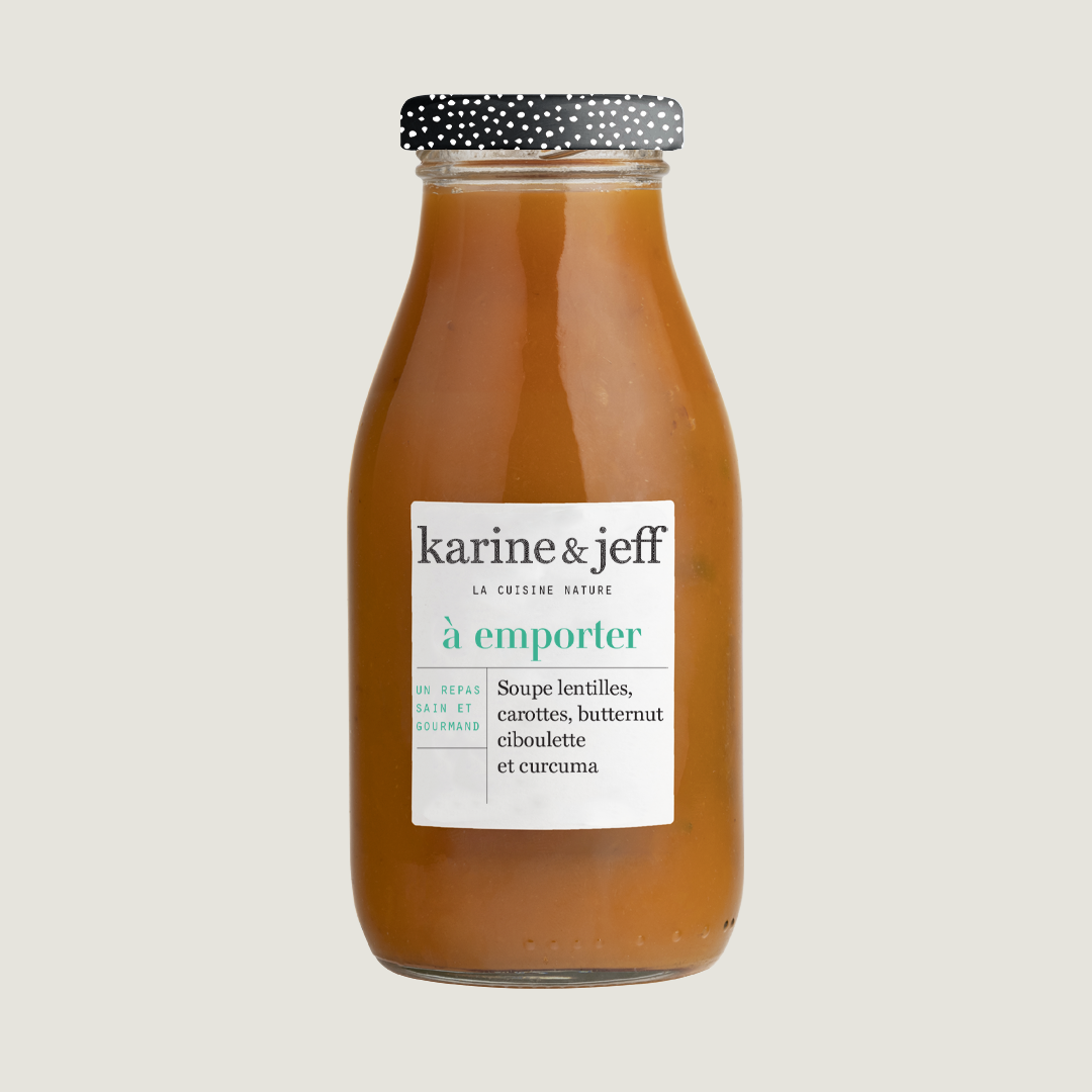 Soupe lentilles, carottes, butternut, ciboulette et curcuma